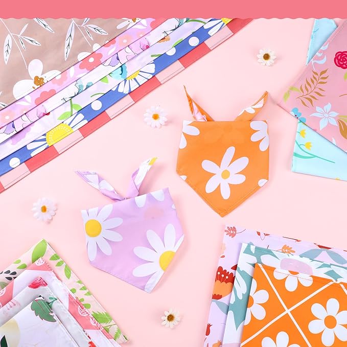 Huhumy 100 Pcs Spring Floral Dog Bandanas Bulk Pet Bibs Colorful Triangle Scarf Floral Pet Bandanas for Medium Large Dogs Spring Summer Birthday Costume Decoration