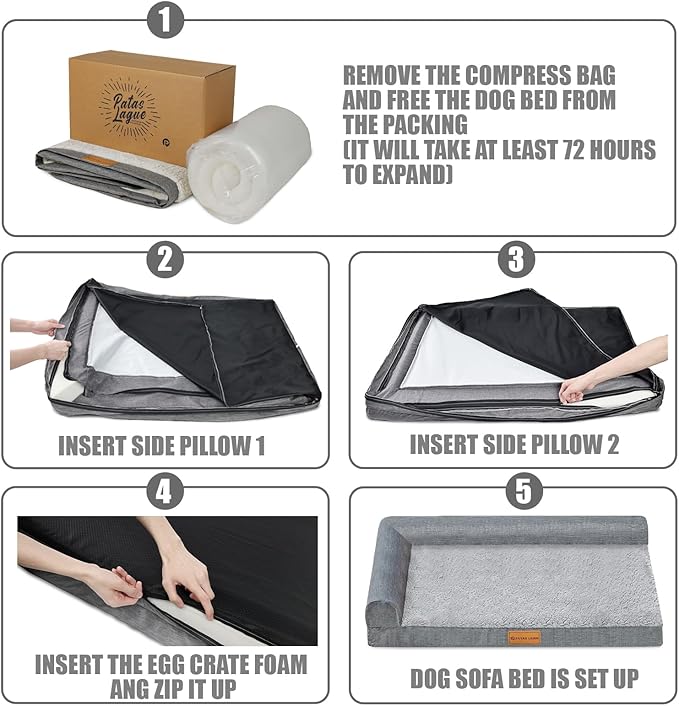 Patas Lague Orthopedic Dog Bed Large Sized Dog 36''X24'', Waterproof L Bolster Medium Pet Sofa Beds with Removable Washable Cover, Soft Comfortable Pet Couch Crate Mat with Nonskid Bottom, Grey