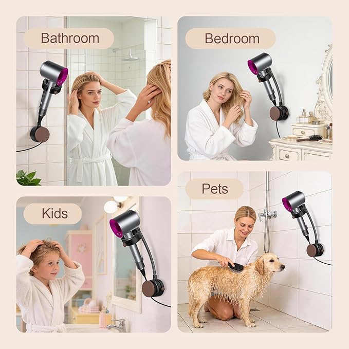 SEANCHEER Hands Free Hair Dryer Holder Wall Mount, 360° Rotating Adjustable Height Suction Cup Blow Dryer Holder, No Drill Installation, Damage-Free Wall, with Cord Storage for Most Hair Dryers