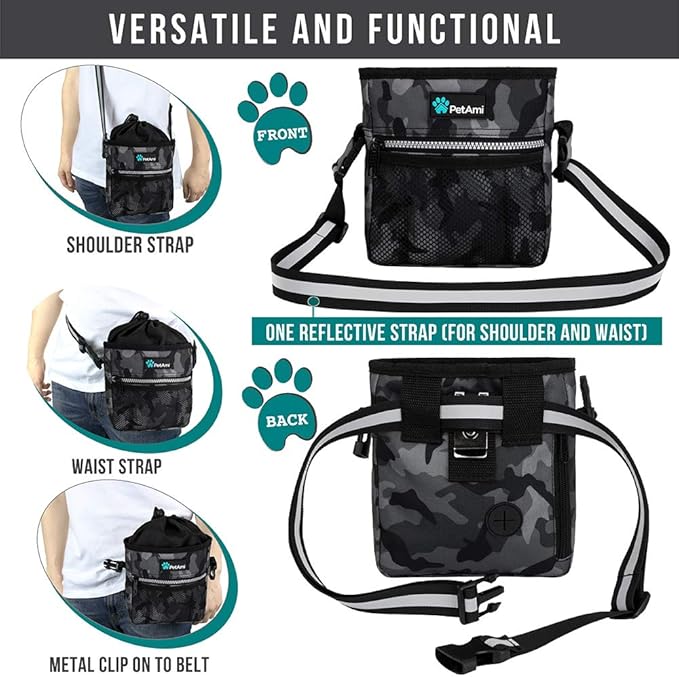 PetAmi Dog Treat Pouch, Pet Treat Pouch for Training, Dog Walking Bag Holder for Kibbles, Pet Food Toy, Dog Trainer Essentials Supplies, Poop Bag Dispenser, 3 Ways to Wear (Camo Black)