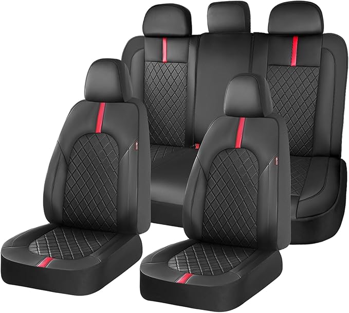Coverado Car Seat Covers Full Set, Waterproof Front Seats Back Seat Cover, Leather Seat Cushion Universal Fit for Most Cars (Black-Red)