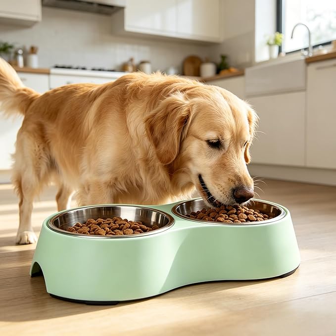 Large Green Double Pet Bowl – Non-Slip Stainless Steel Food & Water Set for Medium/Large Dogs & Multiple Cats, BPA-Free Mess-Free Feeding Dishes