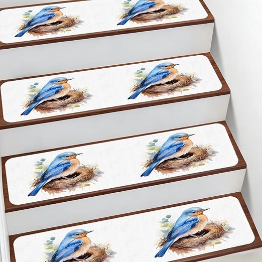 Animal Blue Bird Stair Treads for Wooden Steps Indoor Washable Staircase Carpet 10PCS 30"x7.8" Stair Step Treads Non-Slip Staircase Covers Peel and Stick Safety Mat for Kids Elders Pets