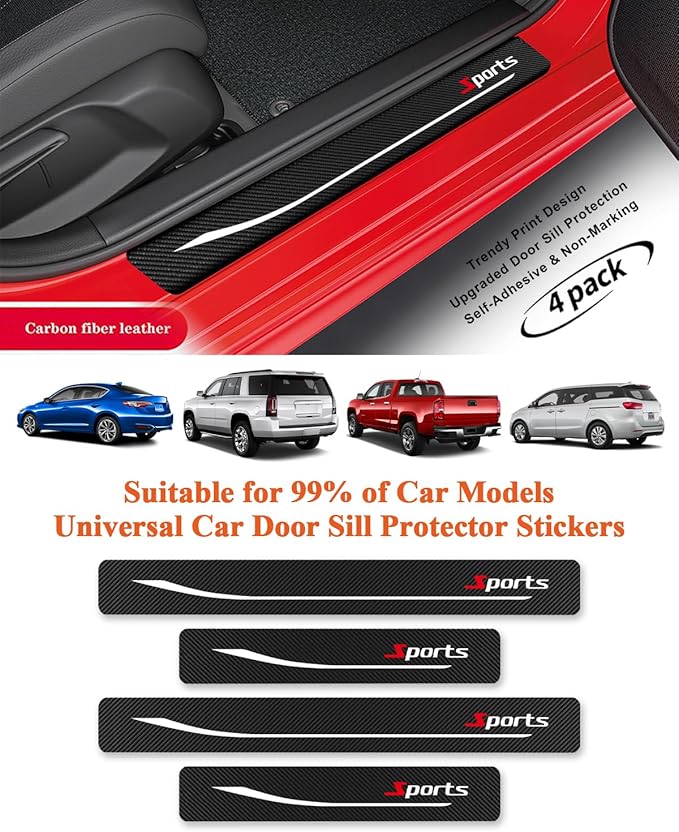 4Pcs Universal Car Door Sill Protector, Carbon Fiber Scratch Resistant Door Entry Guard & Scuff Plate for Car SUV and Off-Road Trim Accessories (Sports)