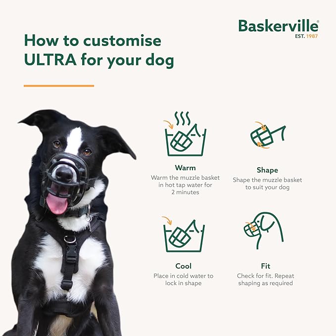 Baskerville ULTRA Muzzle - Patented Humane Design, Breathable, Dog can Pant and Drink, Adjustable, Padded, Dog Training Muzzle for Large Dogs, Prevents Biting, Wildlife Scavenging (Size 6, Black)