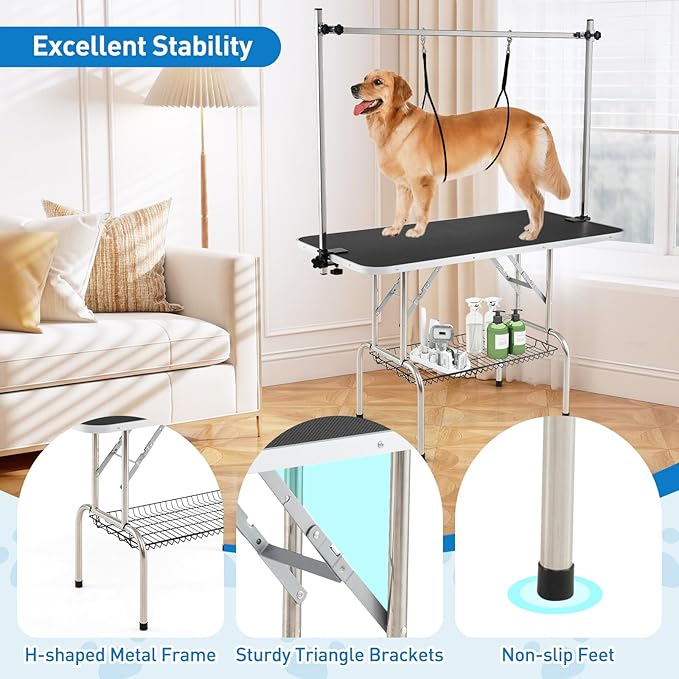 Giantex 47'' Dog Grooming Table with Adjustable Arm & 2 Nooses, Foldable Pet Grooming Station with Non-Slip Waterproof Surface, Mesh Storage Tray, Heavy Duty for Small to Large Dogs