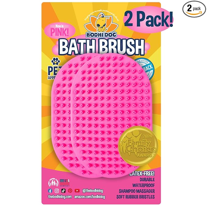 Bodhi Dog Shampoo Brush - Pet Grooming & Bath Supplies for Dogs and Cats - Bath Brush for Long & Short Hair - Premium Scrubber for Shower, Bathing & Massage (Two Pack, Pink)