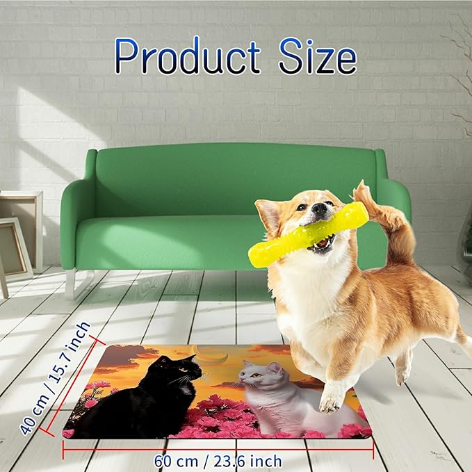 Dog Food Mat, 15.7" x 23.6" Absorbent Pet Feeding Mat for Food and Water, Waterproof Diatom Mud Pet Placemat with Non-Slip Rubber Backing, Cat Bowl Mat for Floors - Rose White Black Cat