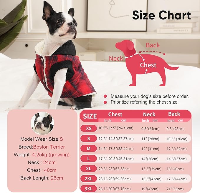 Vecomfy Fleece Lining Dog Hoodie for Small Dogs Extra Warm Plaid Sweater with Drawstring Hooded Coats in Winter Puppy Jacket,Red S