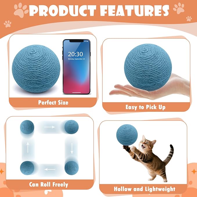 3.94 inch Sisal Cat Ball Toy, Interactive Natural Cat Scratching Ball, Perfect Scratcher for Cats' Exercise and Fun (Blue)