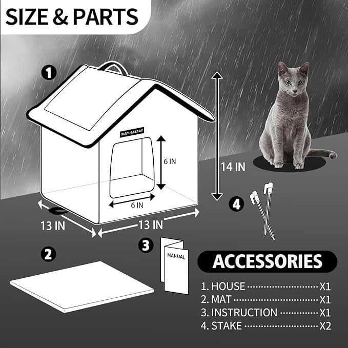 Rest-Eazzzy Cat House for Outdoor Cats, Weatherproof and Insulated Feral Cat House with Mat and Clip, Easy to Put Together, Selfwarming Cat Shelter for Summer(Grey, Waterproof House-S)
