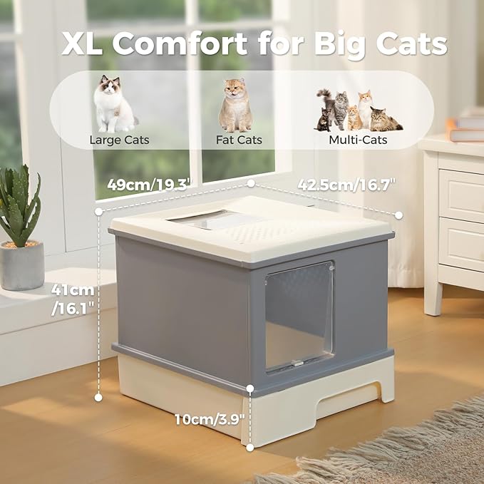 PAWZ Road Large Cat Litter Box, Dual Entry Litter Box with Lid, Fully Enclosed Drawer Type Cat Litter Box for Large Cats,Gray