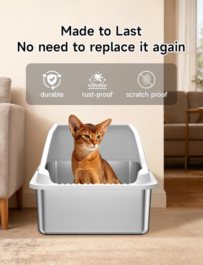 Stainless Steel Cat Litter Box, Extra Large XL Odor Free Metal Litter Box with High Sides Lid, Open Top Litter Pan Include Scoop Easy Cleaning Kitty Cat Box Anti-Urine Leakage, Non-Sticky