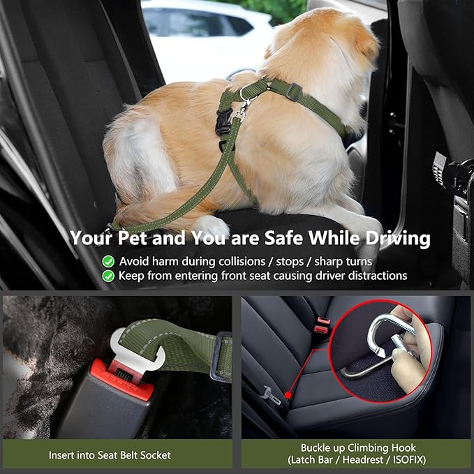 VavoPaw Dog Seat Belt Harness for Car, Dog Car Harness Adjustable Mesh Breathable & Dogs Seatbelt Safety Tether with Elastic Bungee for Small Medium Large Pets(Army Green, XL)