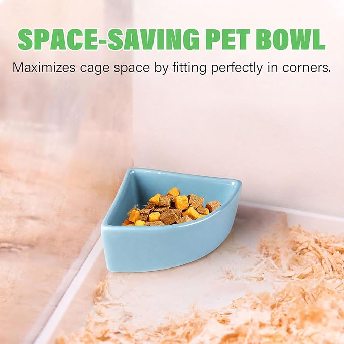 2 Pack Ceramic Feeding Bowls for Small Pets, Anti-Tip, Anti-Slip, Space-Saving Fan-Shaped Design, Ideal for Hamster, Guinea Pig, Gerbil, Sugar Glider, Mice, Chinchilla, Hedgehog (White + Blue)
