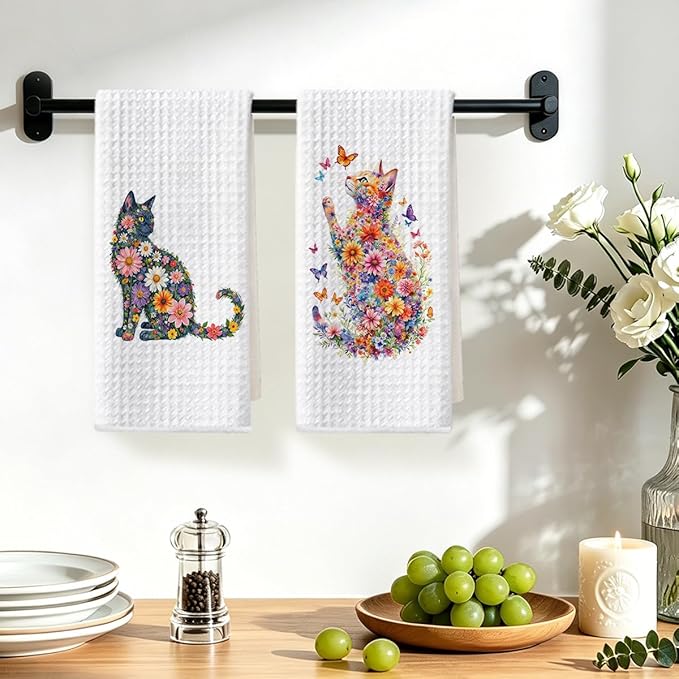 2 Pcs Flower Cat Kitchen Towels, Floral Cat Hand Towel for Bathroom Decor, Kitten Dish Tea Towel for Kitchen Home Bathroom Decor, Pet Gifts for Kitten Lovers Women Girls, 24x14 Inch