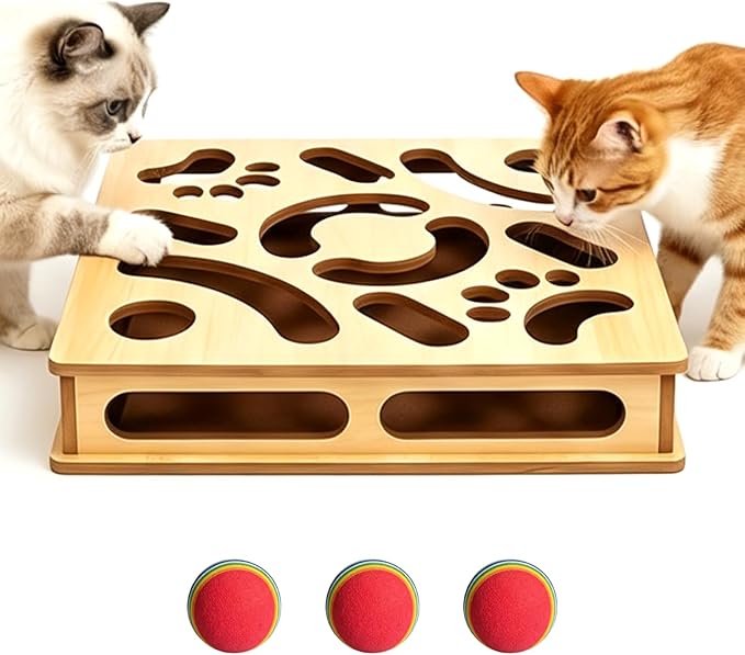 Cat Claw Saver Box （Large）, Solid Wood Construction Cat Nail File Scratcher with Sandpaper Inside, Nail File Box Stress Free Alternative to Clippers and Grinders(Bell Ball)
