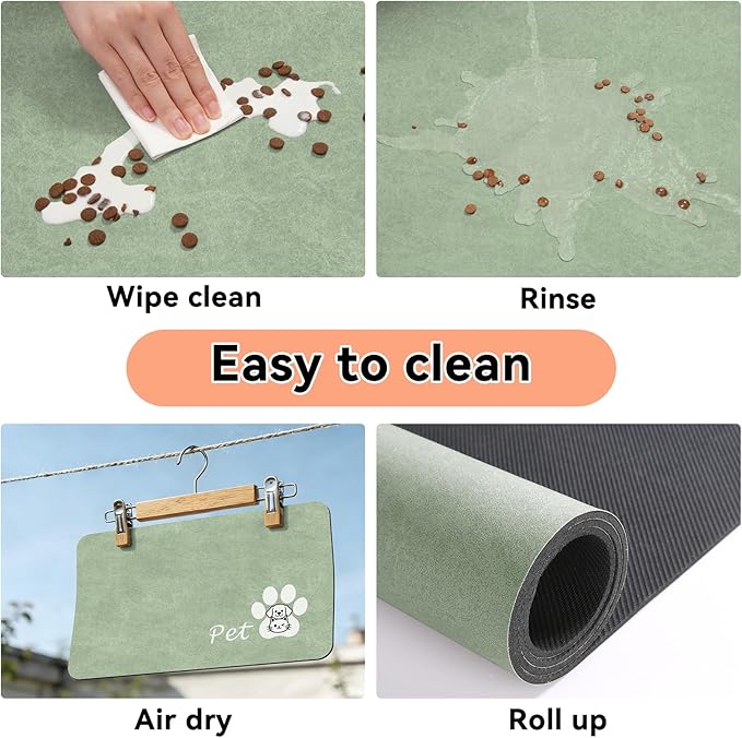 Dog Cat Feeding Mat-Absorbent Pet Bowl Mat for Food and Water, Quick Dry Water Dispenser Mat for Floors with Waterproof Rubber Backing, Large Dogs Placemat Mats for Messy Drinkers,17"x27",Sage Green