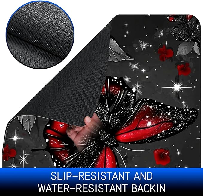 Dog Food Mat, 19.6" x 23.6" Absorbent Pet Feeding Mat for Food and Water, Waterproof Diatom Mud Pet Placemat with Non-Slip Rubber Backing, Cat Bowl Mat for Floors - Red Rose Butterfly