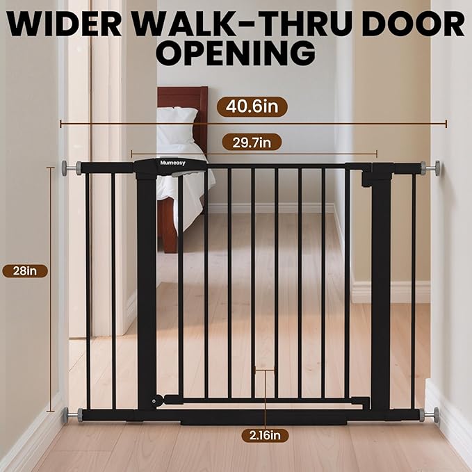 Baby Gate for Stairs, 29.7-40.6" Auto Close Dog Gate Indoor for Doorways, Dual-Lock Design, Adjustable Pet Gate No Drilling with Walk Thru Door for Hallways, Stroller Friendly, Black