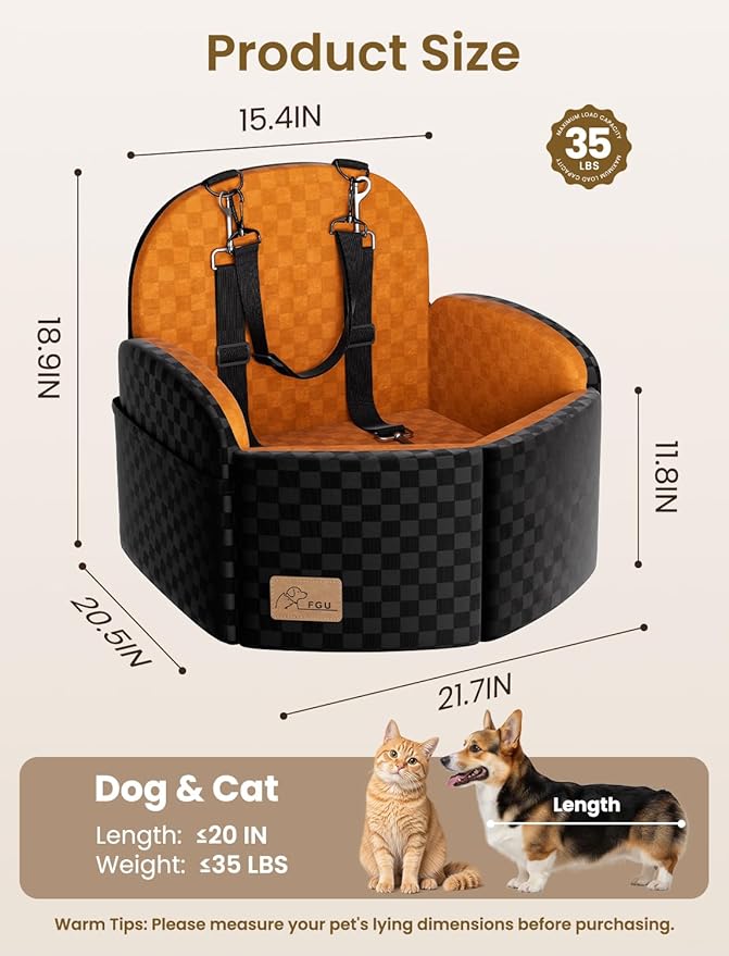 Dog Car Seat for Small/Medium Dogs, Elevated Dog Booster Seat with Memory Foam Cushion for Dogs Under 35lbs, Detachable Washable Pet Car Seats with Storage Pockets & 2 Safety Belts (Brown)