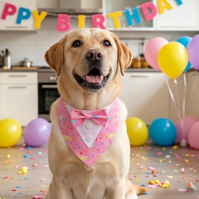 ADOGGYGO Birthday Girl Dog Tuxedo Bandana, Pink Collar with Bow Tie, Adjustable Formal Birthday Costume for Extra Large Dogs (XL)