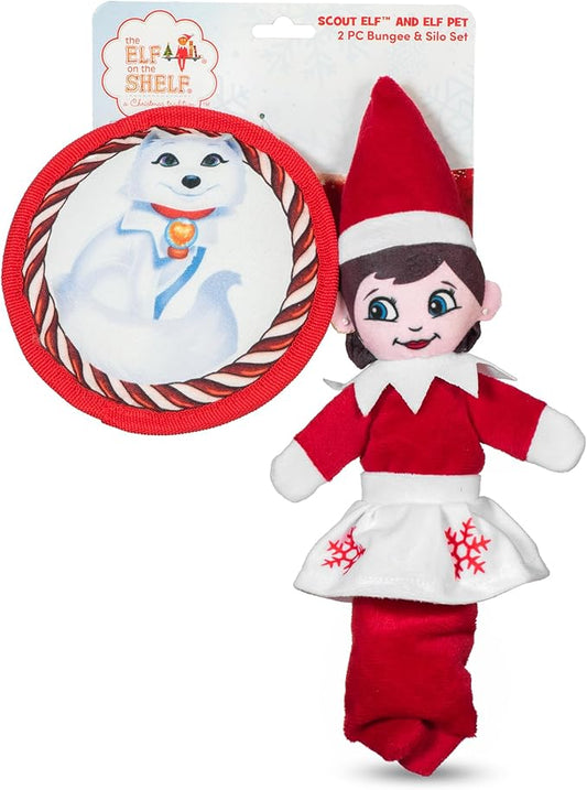 The Elf on the Shelf 2pc Dog Toy Set with Elastic Scout Elf + Elf Pets Arctic Fox Plush Flattie Disk, Squeaky Dog Toys | Bungee Dog Toys for Tug | Stocking Stuffers for Dogs