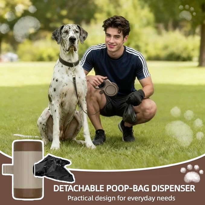 26ft Retractable Dog Leash for Large Dogs with Poop Bag Holder,Heavy Duty Retractable Dog Leash with Chew Proof Extender,One-Hand Lock System,Impact-Resistant,Up to 110 lbs (Khaki)