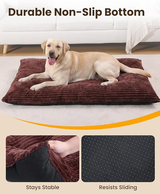 KSIIA Dog Crate Bed Washable Dog Beds for Large Dogs Deluxe Thick Flannel Fluffy Comfy Kennel Pad Anti-Slip & Anti-Scratch Pet Sleeping Mat, 35 x 23 Inch, Brown