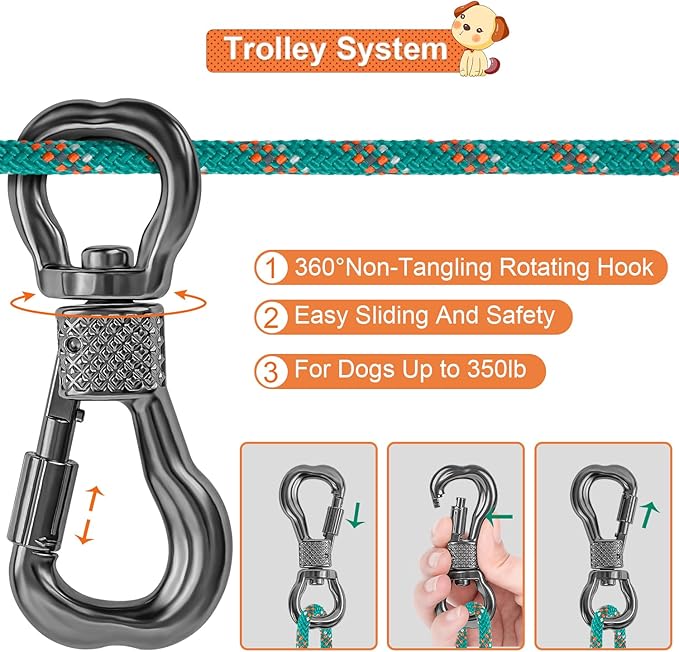 XiaZ Dog Tie Out Cable for Camping, 100ft Portable Overhead Trolley System for Dogs up to 200lbs，Dog Lead for Yard, Camping, Parks, Outdoor Events,5 min Set-up