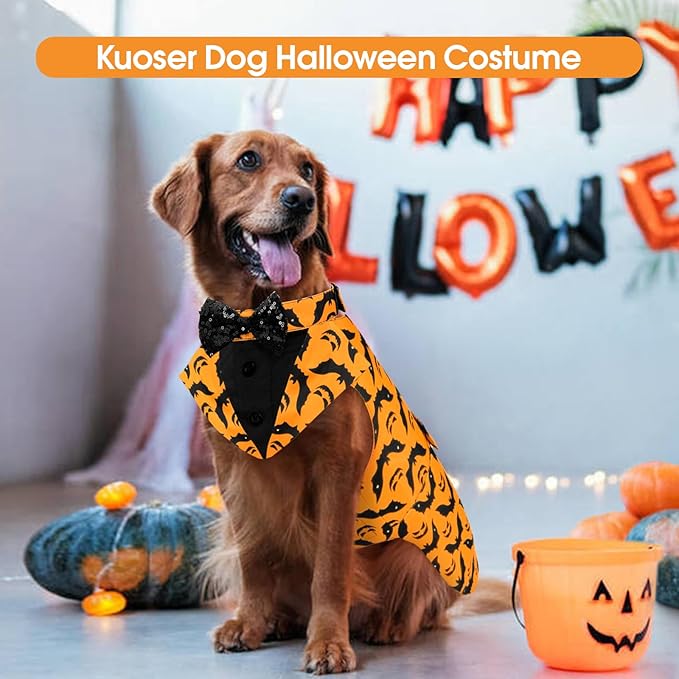 Kuoser Dog Tuxedo Suit and Bandana Set, Bat Pumpkin Print Dogs Halloween Outfit Adjustable Dog Halloween Costume with Bow Tie for Large Medium Small Dogs Golden Retriever Samo Bulldogs, Orange L