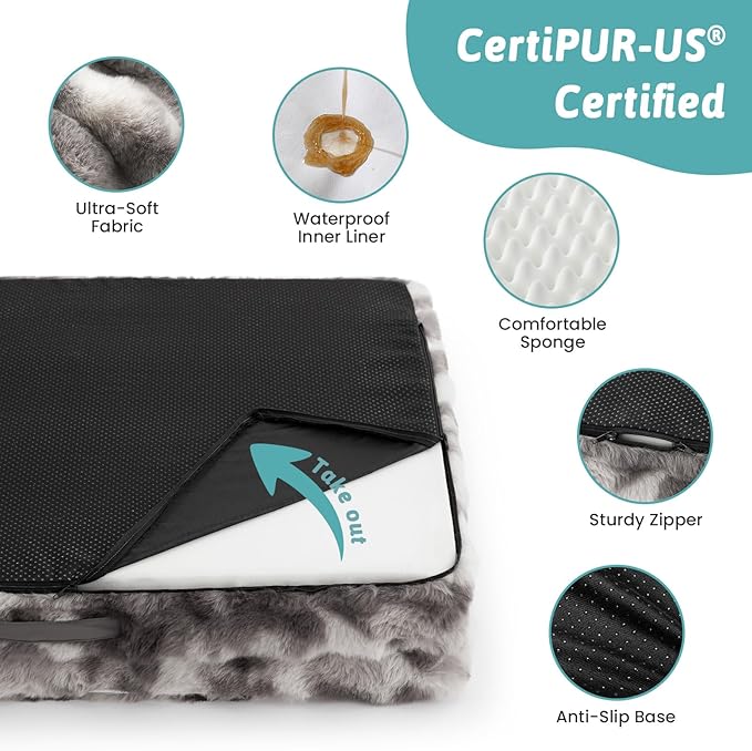 COZY KISS Orthopedic Dog Bed for Medium Small Size Dog, Soft and Warm Faux Fur Sofa for Pet Up to 40 lbs, Foam Bolster Anti-Slip Couch with Washable Removable Cover, M 30x20x6.5 inch, Tie Dye Grey