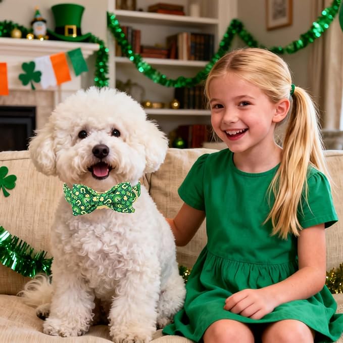 DOGWONG St. Patrick's Day Dog Collar with Bow Tie- Lucky Shamrock Bowtie Collar for Girl Boy Dog, Trefoil Dogs Collars Durable Adjustable, M