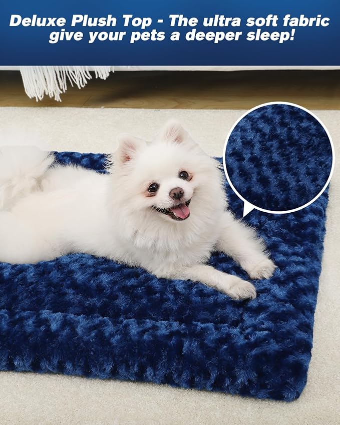 Washable Dog Bed Reversible Dog Beds for Crate Soft Fluffy Kennel Pad Anti-Slip Pet Sleeping Mat for Large Jumbo Medium Small Dogs (Blue, 36.00" x 23.00" x 1.50")