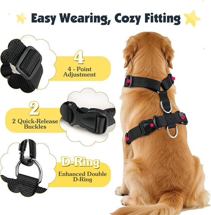 Pawaboo Dog Seat Belt Harness for Car, Dog Car Harness Seatbelt with Double Clips, Adjustable Breathable Pet Vest & Dogs Safety Tether with Elastic Bungee for Small Medium Large Pet, S, Black