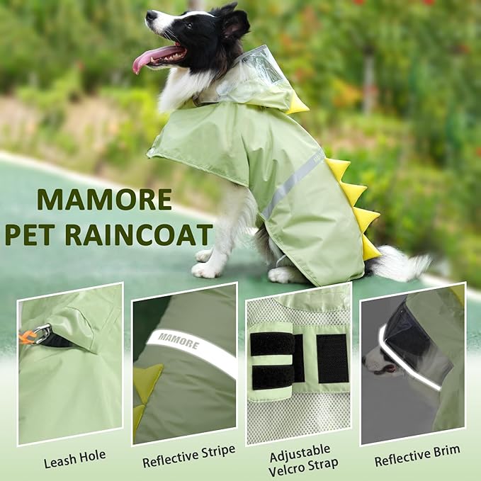 Dog Raincoat, Waterproof Reflective Adjustable Hooded Dog Rain Coat with Leash Hole, Lightweight Breathable Pet Poncho for Dogs (Green Dinosaur, XX-Large(55-79lb))