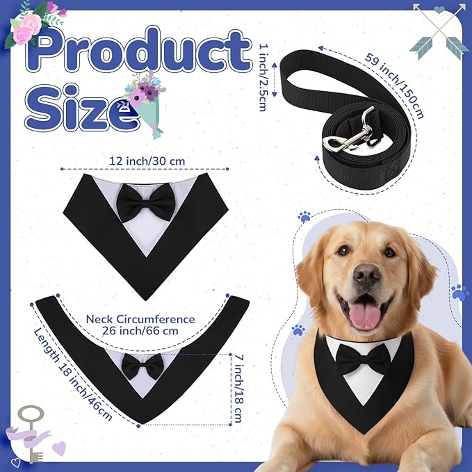 Gilprop 4 Pcs Formal Dog Outfit Dog Tuxedo Sets with Bowtie Wedding Dogs Bandana Collar with Nylon Leash Wedding Outfit Suit Adjustable Pet Party Costumes for Birthday(Black,Blue,Large:21"-24.5")