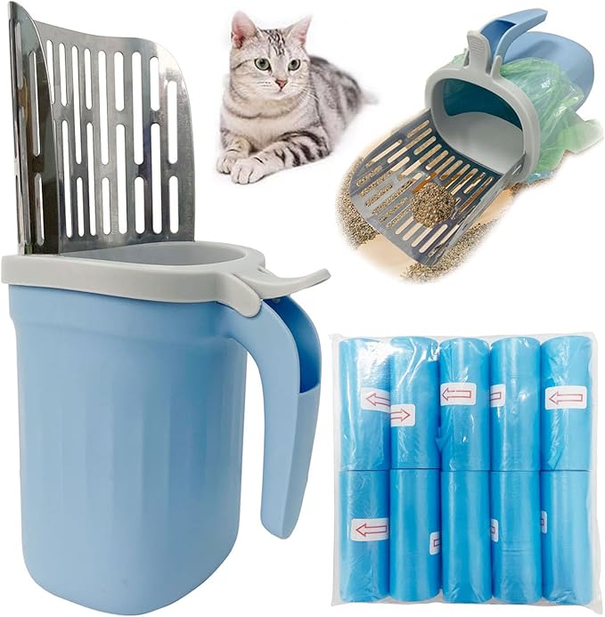 Cat Litter Scoop, Large Capacity Mess-Free Cat Litter Scooper with Bags, Spill-Proof Kitty Box Sifter, Bin Doubles as Scoop Holder (Blue)