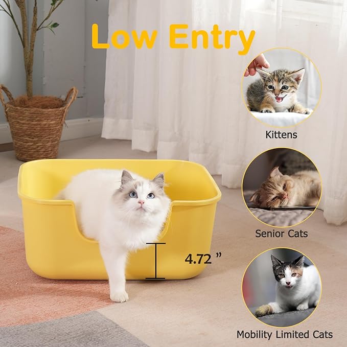 Large Cat Litter Box with High Sides,Cat Boxes for Indoor Cats,Cat Litter Pan for Kitty,Litter Box with Low Entry,Easy to Clean,Anti-Splashing (Grey-Long Side Entry)