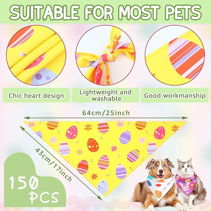 Huhumy 150 Pcs Easter Dog Bandanas Bulk Pet Bibs Colorful Triangle Scarf Pet Bandanas for Medium Large Dogs Easter Festival Spring Summer Birthday Costume Decor