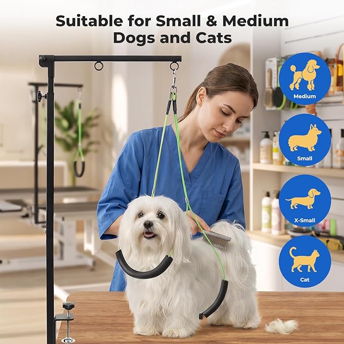 Adjustable Dog Grooming Arms, Foldable Dog Grooming Arm with Clamp Adjustable Height 29"-40" with Hammock Scissors File & No-Sit Haunch Holders for Small Medium Pets at Home or Salon