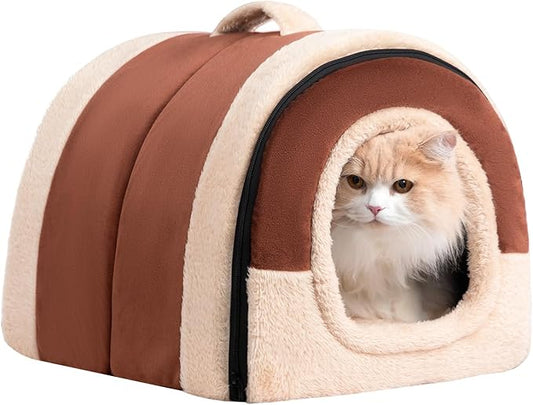 Hollypet Cat Bed Self-Warming 2 in 1 Foldable Kitty Cave Hut House Nest Pet Sleeping Bed, Crystal Velvet Pet Condo for Indoor Cats, Brown Arched Cave