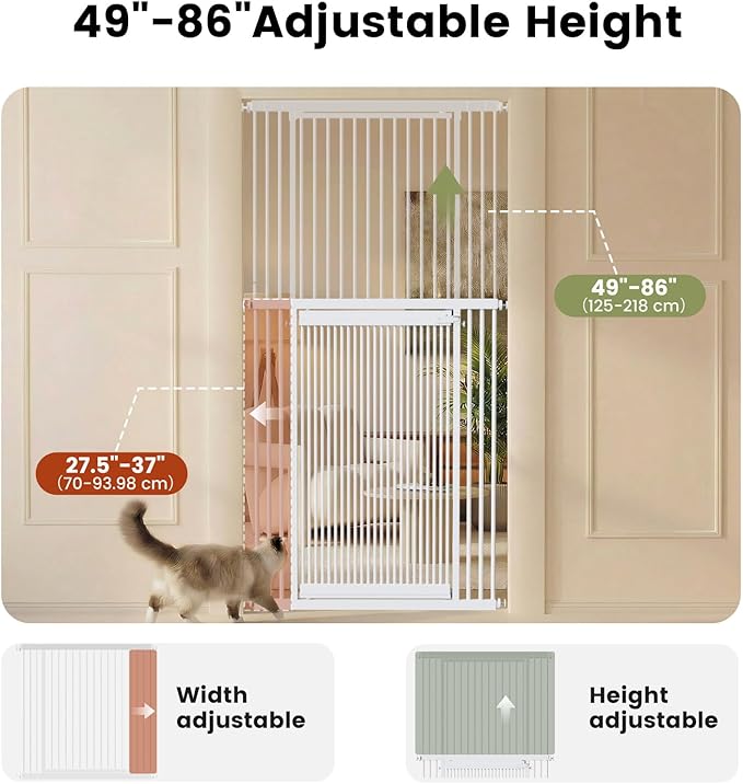 Gardner Pet Extra Tall Cat Gate 49"-86" Adjustable Height, Tall Pet Gate for Doorways/Hallways with 27.5"-37" Adjustable Width Baby Gate with 4 Extensions Kits, No Drilling Pressured Mounted (White)