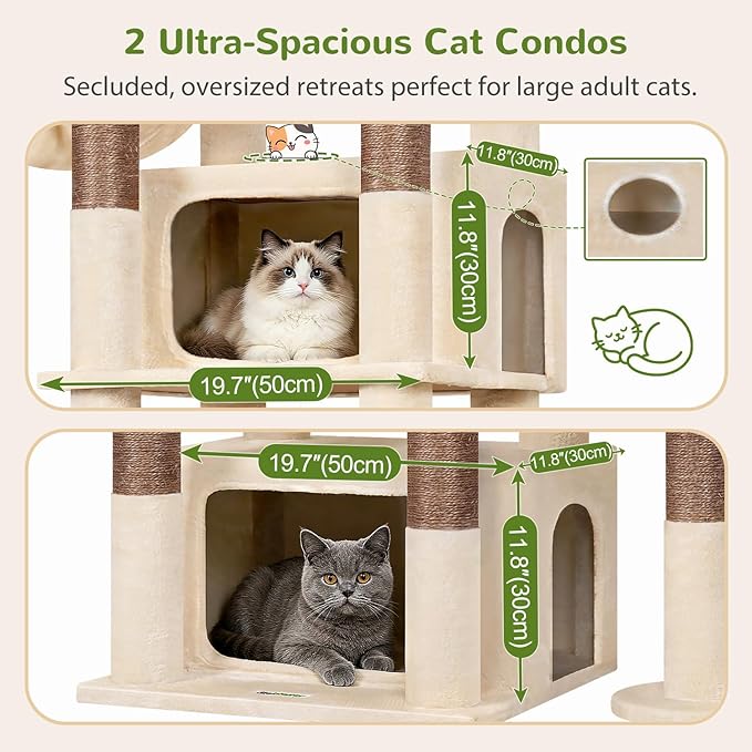 Globlazer 75in Sturdy Cat Tree for Large Cats, Heavy Duty Multi-Level Cat Tower for Indoor Cats with Extended Platform, 2 Spacious Condos, 2 Padded Perches, 6 Sisal Scratching Posts, S75, Beige