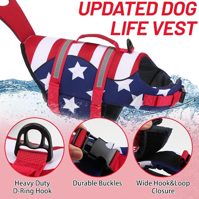 EMUST Dog Life Vest for Swimming, Ripstop Medium Dog Safety Preserver for Pool Beach Boating (M,StripMermaid)