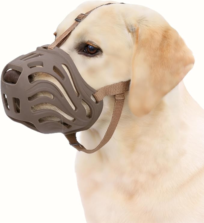 Dog Muzzle for Large Dogs, Silicone Basket Dog Muzzle for Large and Medium Dogs Breed Can Prevent Eating Chewing and Barking for Grooming Trimming Training(Coffee, S-4)