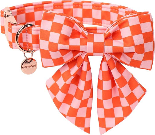 DOGWONG Orange Pink Plaid Dog Collar with Bow - Adjustable and Comfortable Autumn Dog Collar Fall Necklace for Large Medium Small Pet,L