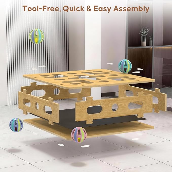 Cat Nail File Box with 3 Sandpaper Pads & 4 Bell Balls, EIODEAR Sturdy Wood Self-Grooming Scratcher for Treat-Motivated Cats, Interactive Cat Scratch Puzzle Enrichment Box with Silicone Security Rings