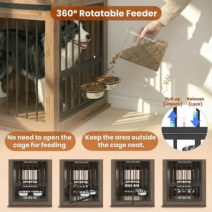 71'' Dog Crate Furniture for 2 Dogs, Wooden Double Dog Kennel with Removable Divider & 360° Rotating Feeder, 3 Fluted Drawers, Charging Station, TV Stand or Side Table (Walnut)