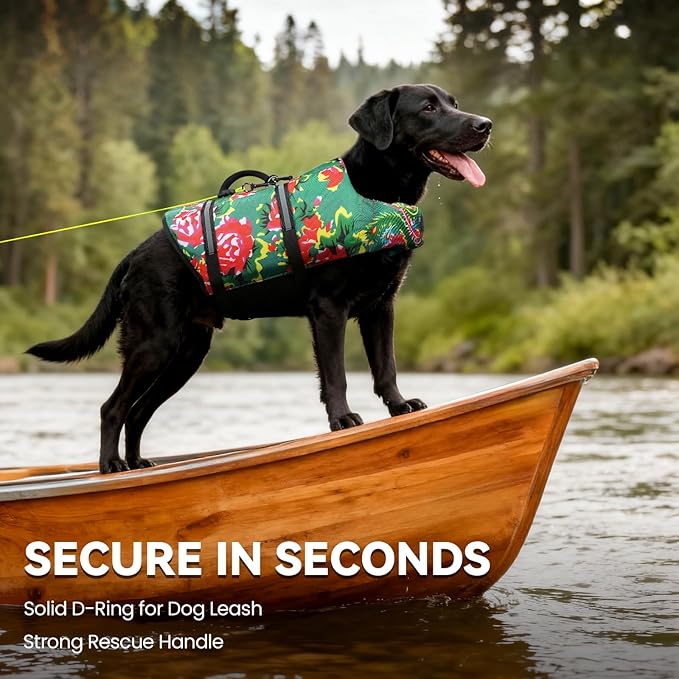 VIVAGLORY Rip Stop Dog Life Vest, Swimming Vest with Handle, Buoyancy for Doggy Puppy, Dog Life Jacket for Swimming & Boating, L, Northeast Florals-Green